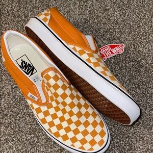 Vans Orange and White Checkered Slip-On Loafers
